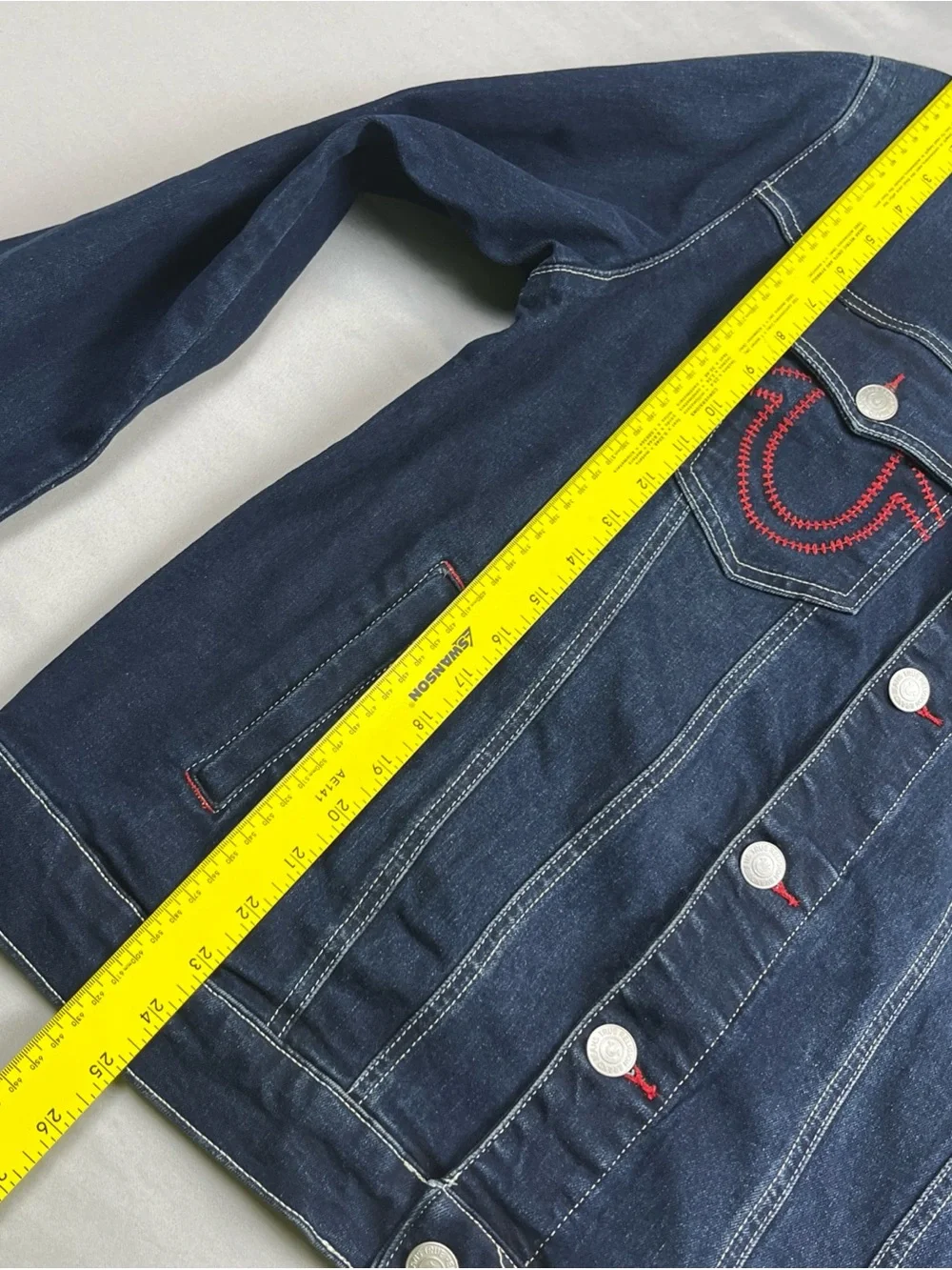 True Religion Denim Jacket Red Ladder Stitch Men’s Large Dark Wash MSRP $184 New